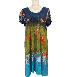 Bila Blue Floral Dress Womens Sz 1X Sheer Rayon Knee Length Trapeze Pleated